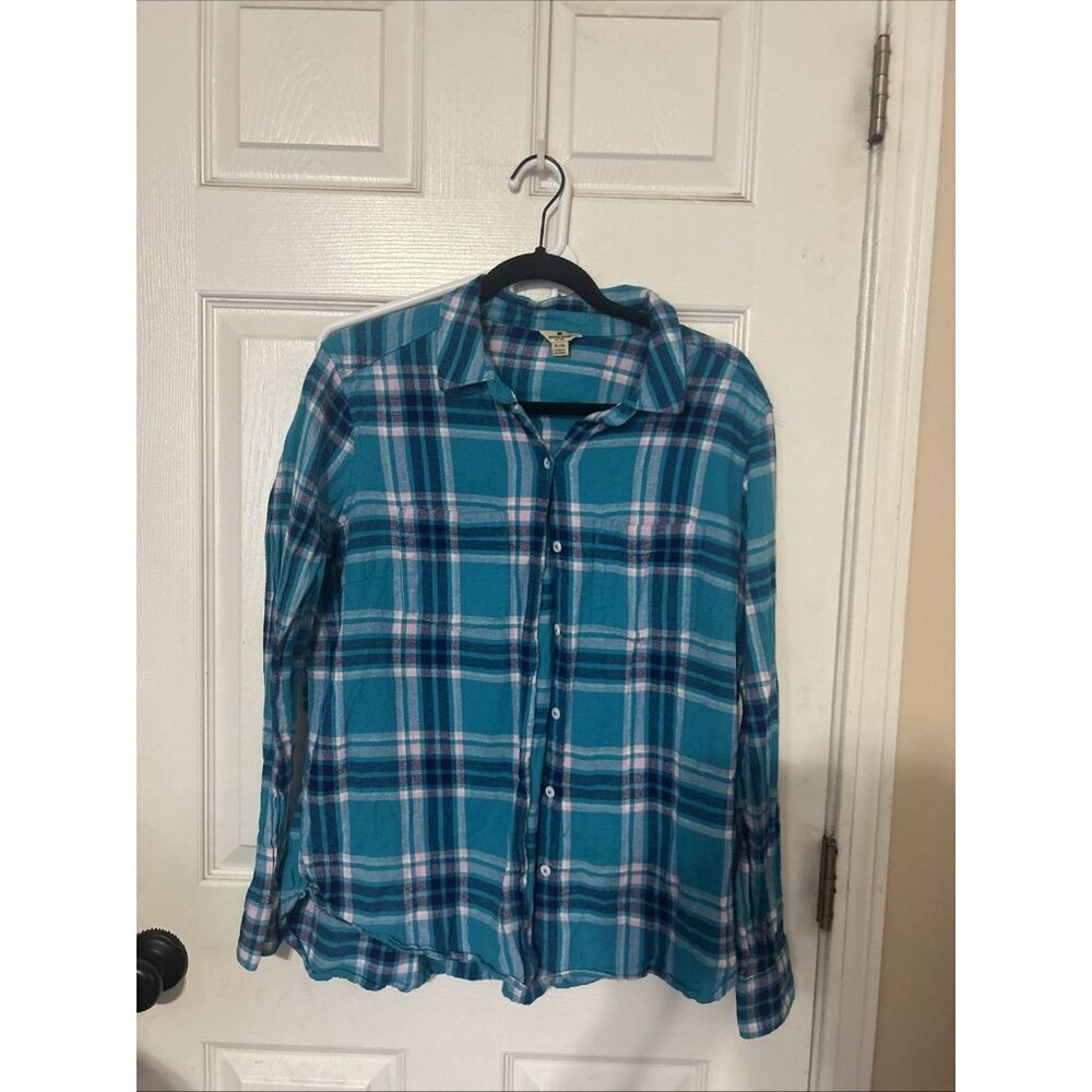 Woolrich Shirt Women XL  Long Sleeve Button Up Plaid Flannel Blue Teal Pockets